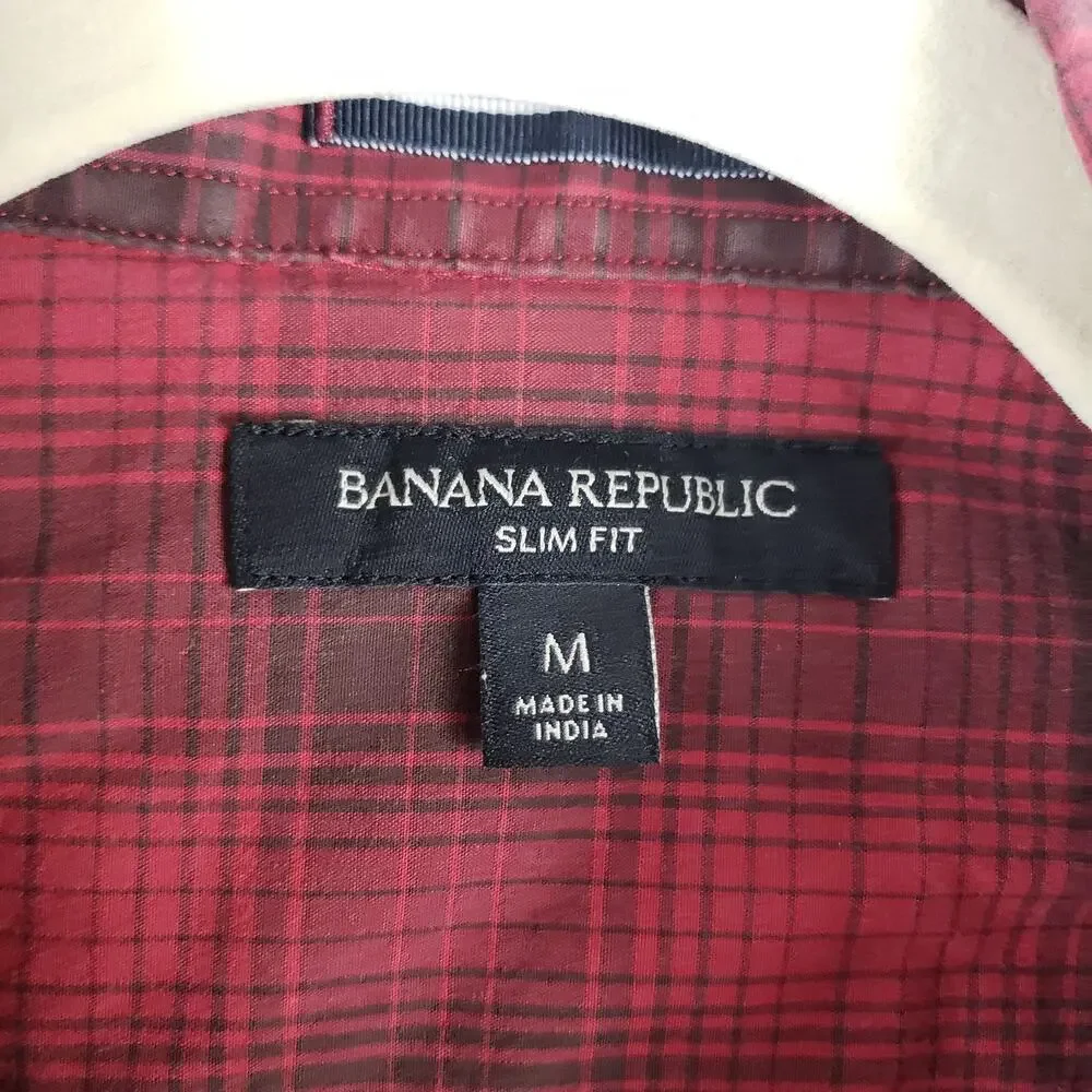 Banana Republic Men's M Slim Fit Button Down Plaid Dress Shirt‎ Dark Red Classic